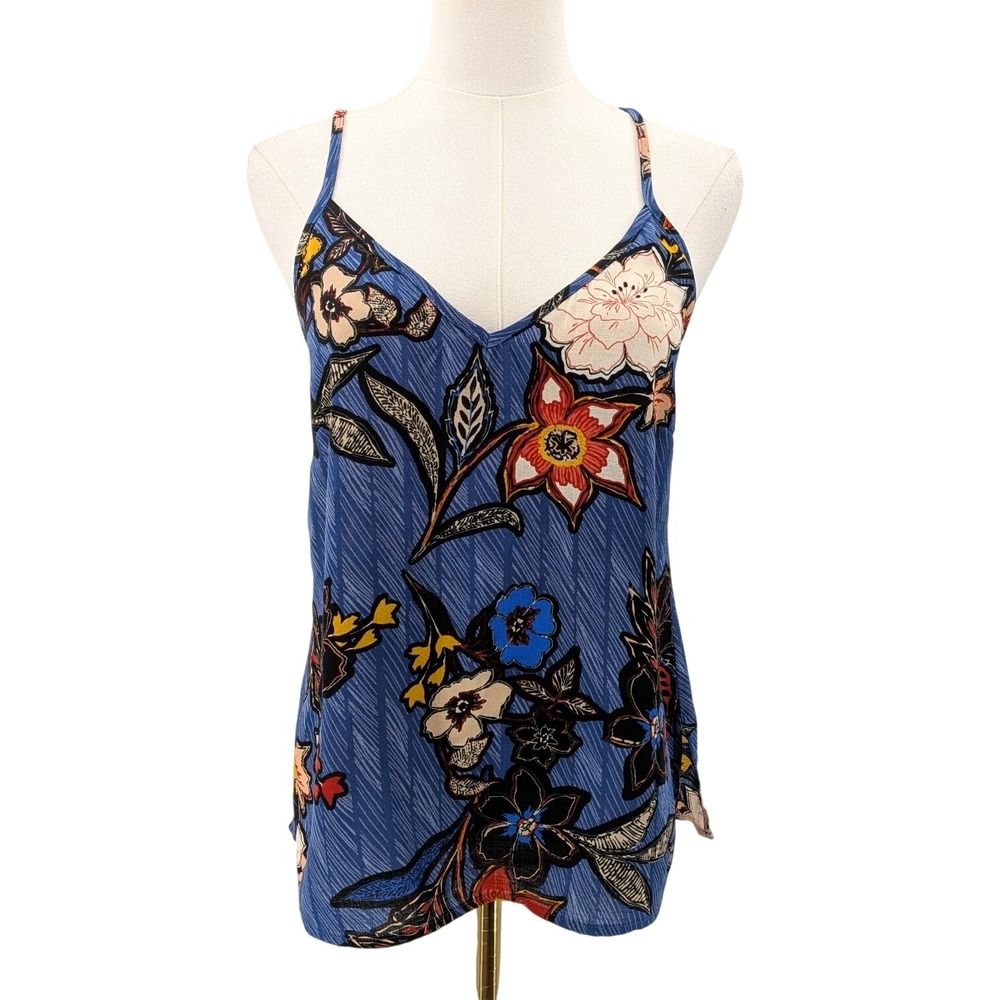 Boho floral camisole blue cross back strappy tank top S‎